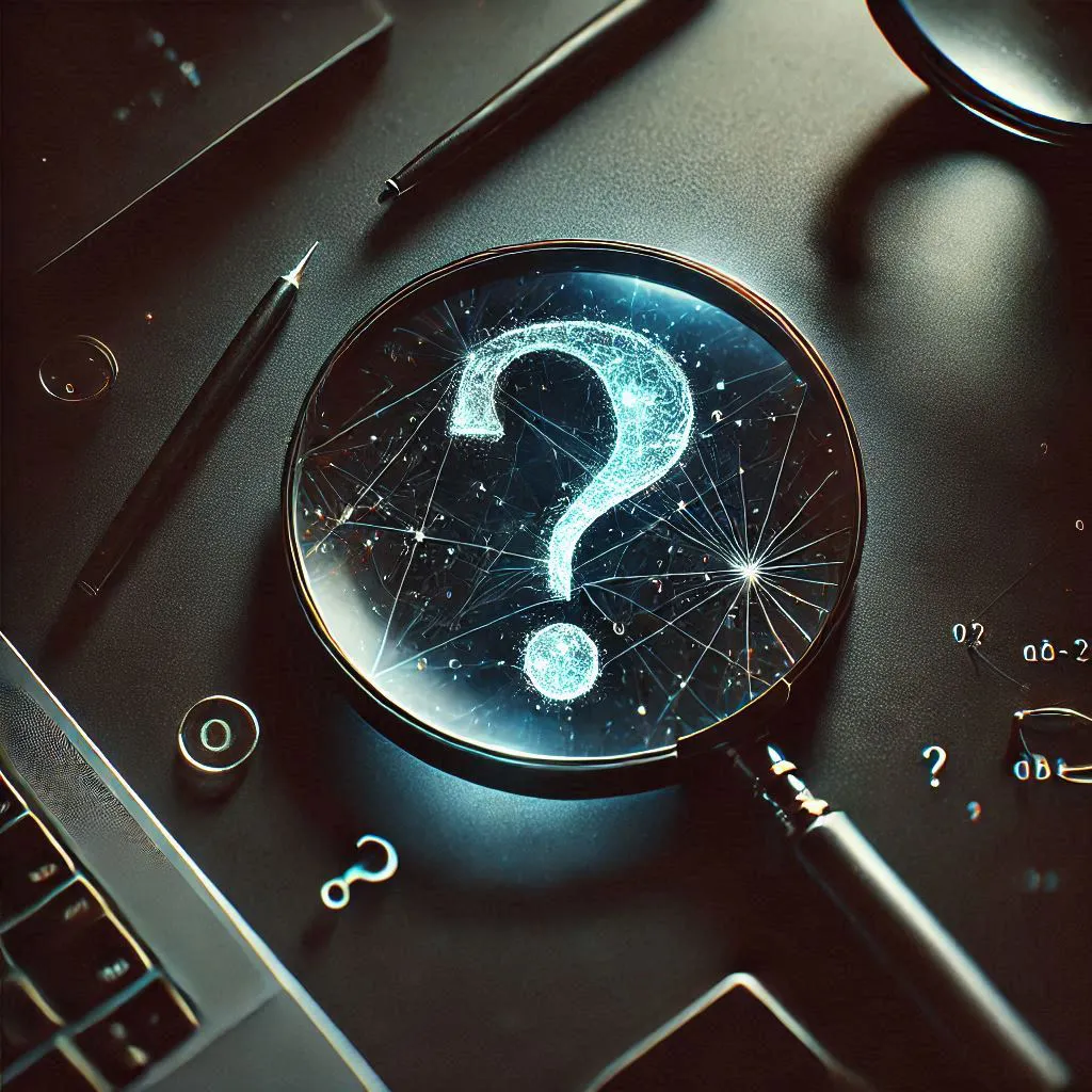una lupa sobre un signo de interrogación en colores oscuros y sobrios