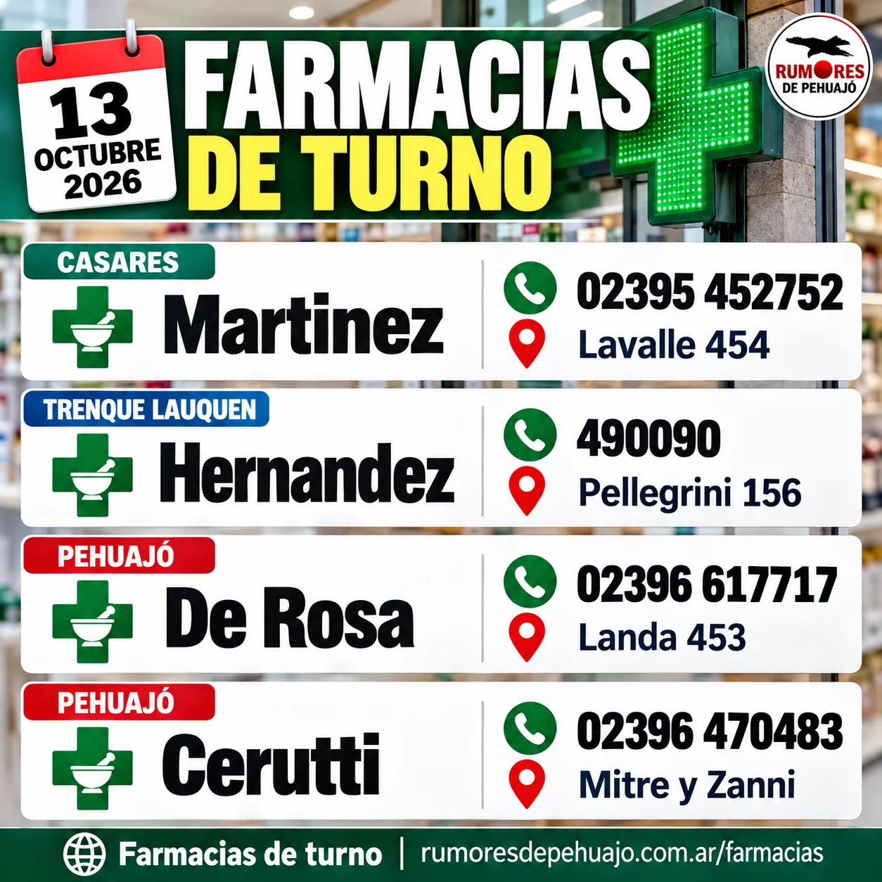 Farmacias de turno · 13 de octubre 2026