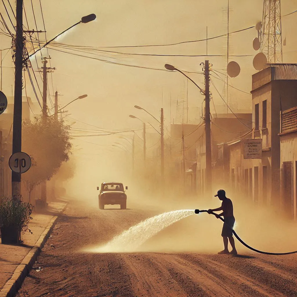 una calle polvorienta en un día de intenso calor y una persona regando con una manguera en Pehuajó, Provincia de Buenos Aires, Argentina (2)
