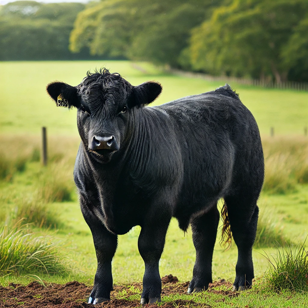 DALL·E 2024-08-22 20.43.42 - A black Aberdeen Angus cattle, weighing approximately 180 kilograms, standing in a rural pasture. The animal appears healthy with a stocky build, shor