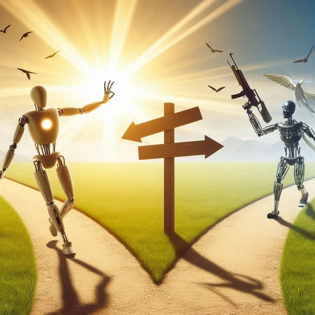 un camino bifurcado, con un lado luminoso y otro oscuro, o un robot extendiendo una mano en señal de paz mientras otro levanta un arma