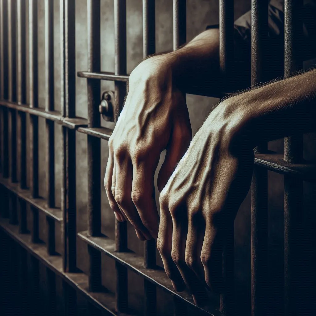 las manos de un detenido apoyadas en los barrotes de un calabozo, imágen difusa, sombria y simple sin colores ni otros elementos mas que los barrotes de una reja de la carcel y las manos de un hombre detenido