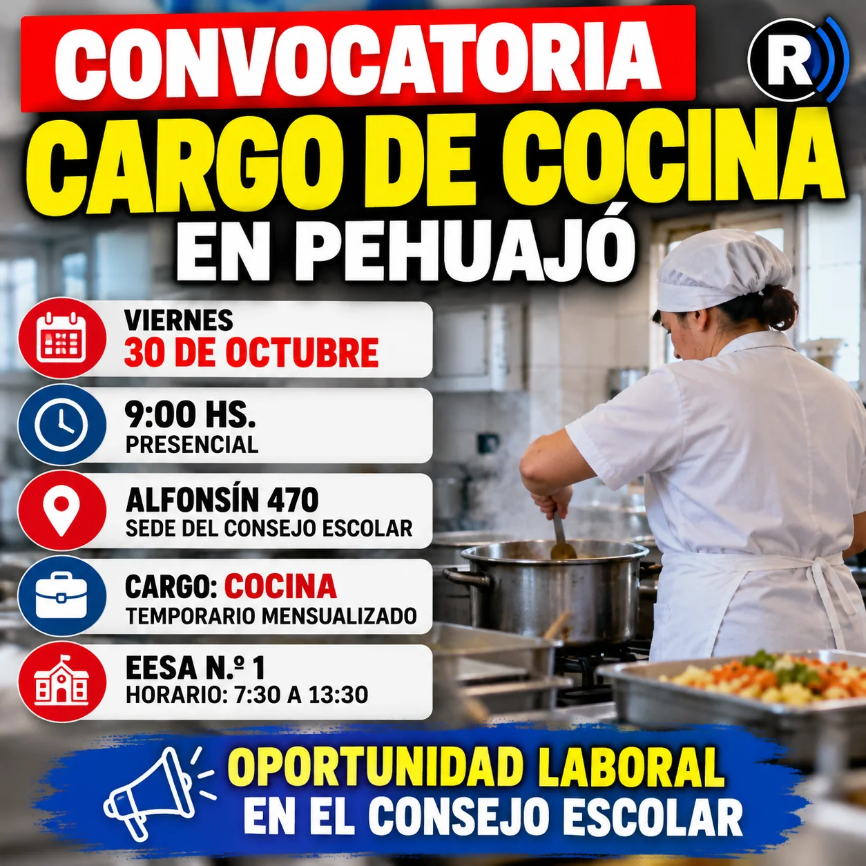 Convocatoria para cargo de cocina en Pehuajó