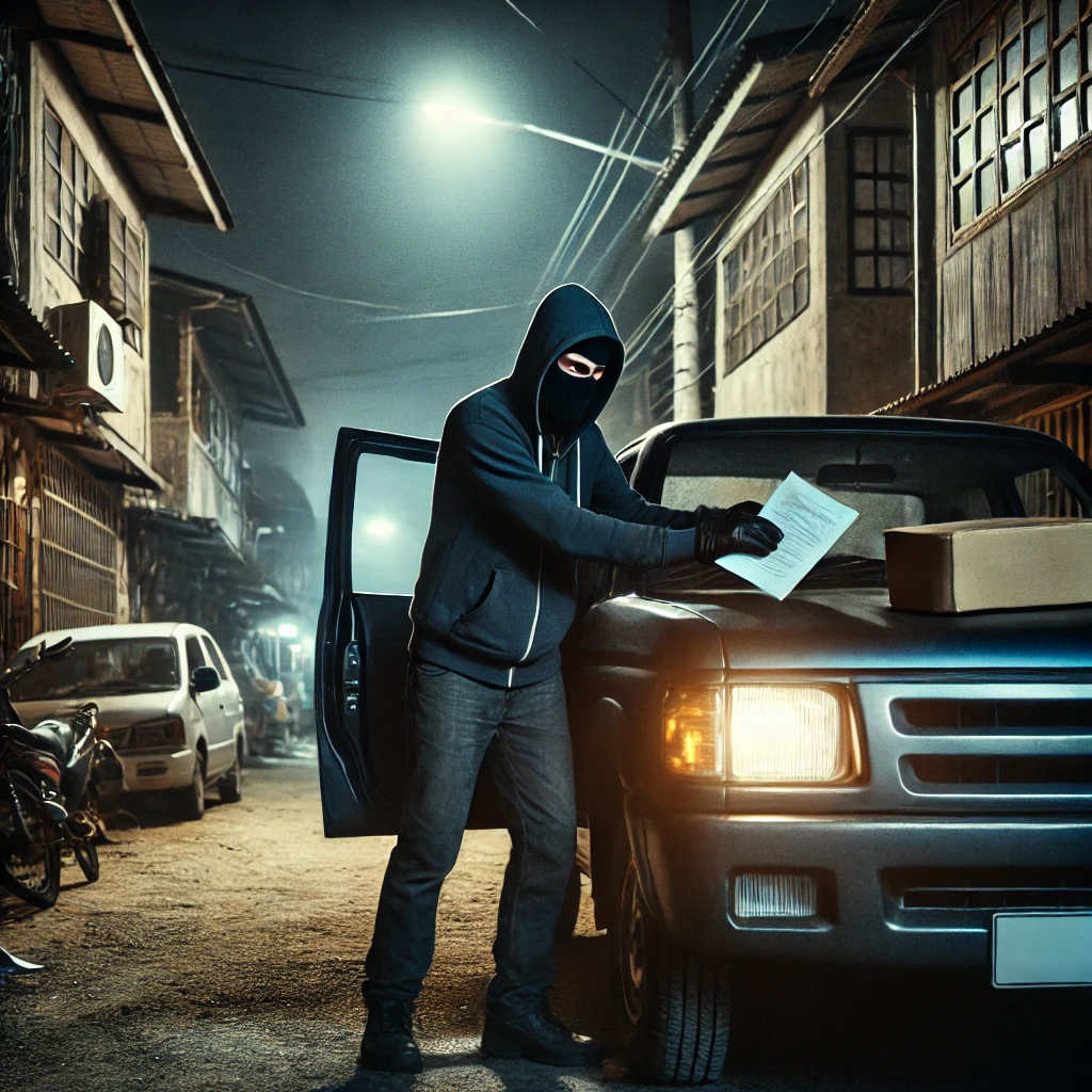 DALL·E 2024-08-24 12.14.25 - A night scene in a poor neighborhood, showing a thief with a covered face, wearing dark clothes and a hoodie, stealing documents from a parked pickup