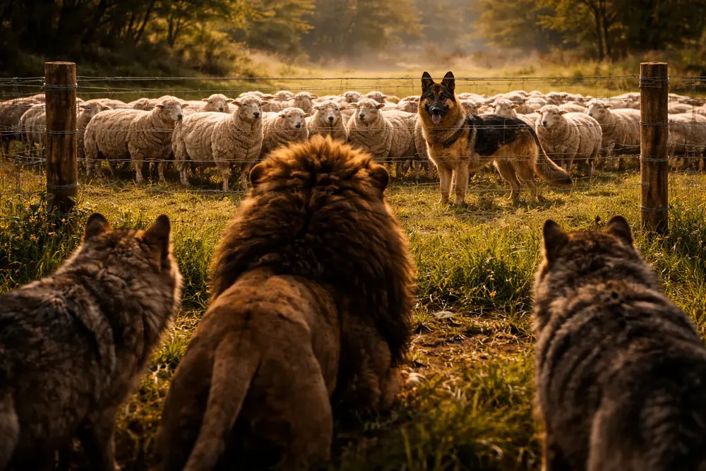 10 escena ovejas descanzan en su espacio protegido por el cerco y un perro ovejero mientras lobos y leon quedan afuera