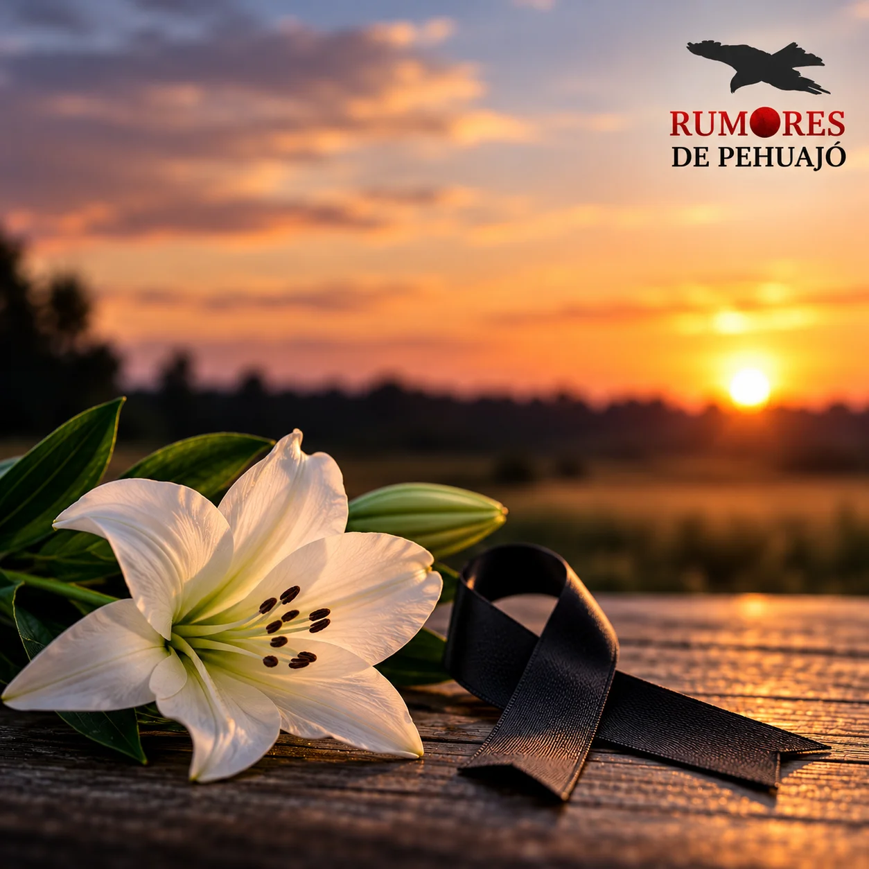 Lirio blanco y lazo de duelo al atardecer