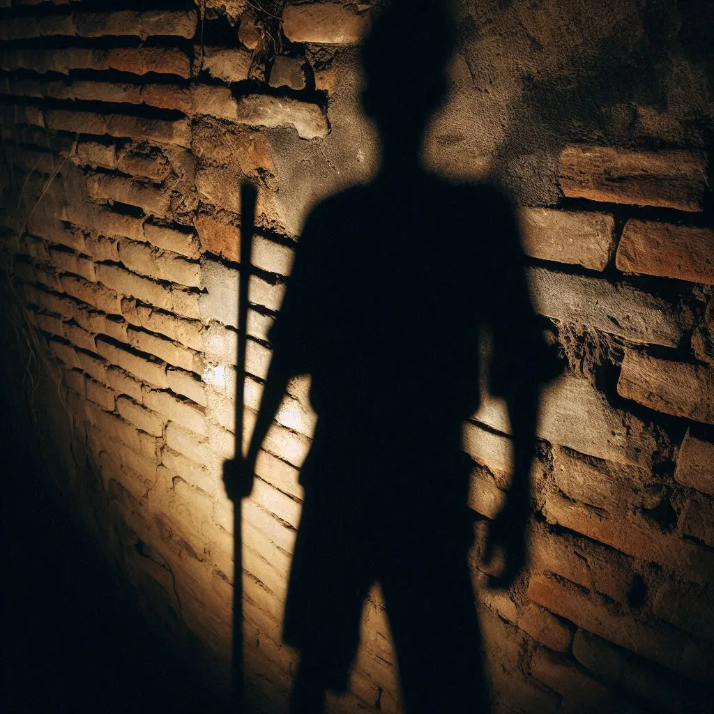 La sombra de una figura humana con algun palo o varilla en la mano, reflejada en una pared de ladrillos vieja, luz tenue en medi de la noche.