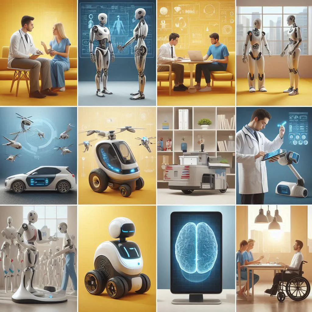 realistic images of humans interacting with robots or AI systems in different contexts such as healthcare, education, and transportation